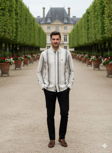 پیراهن آستین بلند راه راه نخ لینن ترک بغل چاکدار